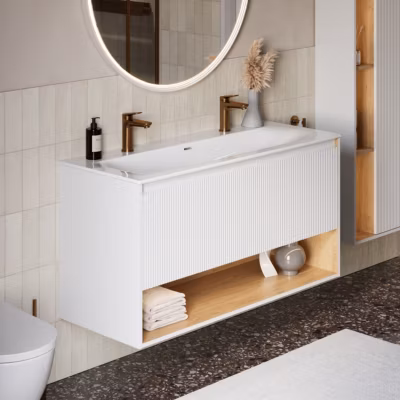 Meuble vasque suspendu MDF Blanc mat, lavabo DURAVIT Blanc brillant + 2 trous robinet, trop plein & Bonde – 123x49x62cm – BELDIVO