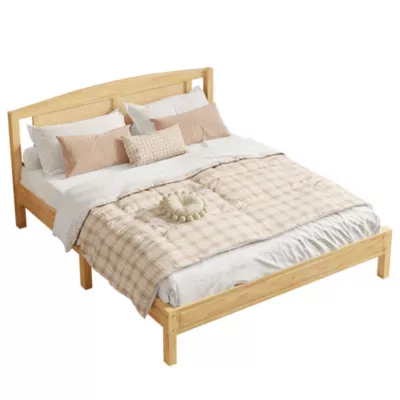 Lit 160×200 cm en pin et rotin PE avec tête de lit décorative, design naturel, 15 lattes et pieds centraux