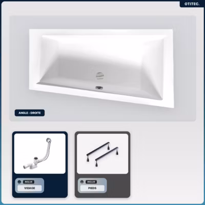 Baignoire asymétrique – 160 x 90 cm – Droite – sans Habillage – avec Pieds – Vidage Chrome – INTIMA
