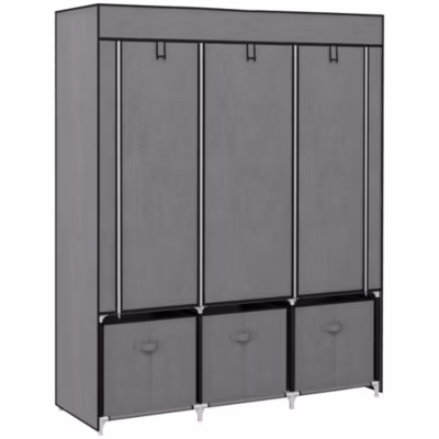 Penderie 125 cm avec 5 étagères, 2 tringles et 3 tiroirs tissu, housse zippée gris foncé, structure métal