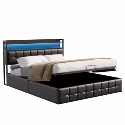Lit Coffre 140×200 avec Rangement et éclairage LED, Lit 160×200 avec Sommier à Lattes,USB et Type-C,PU, Noir