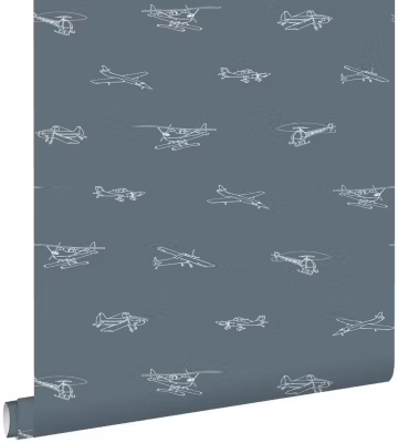 ESTAhome papier peint avions et hélicoptères bleu gris 53 cm x 10.05 m