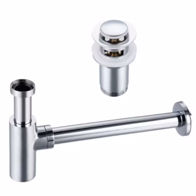 BALNEO – ensemble bonde de lavabo Klik Klak E avec trop-plein chromé + siphon rond chromé en laiton – kit pour lavabo