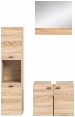 Boston – Ensemble de 3 meubles de salle de bains (L/H/P : 102x186x33 cm) en mélaminé chêne, vasque non incluse