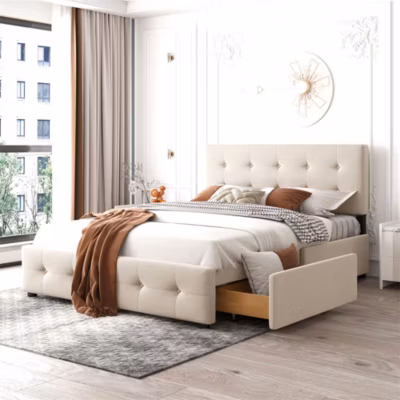 Lit adulte lit 140×200 cm lit rembourré avec tiroirs et sommier à lattes lit double velours beige