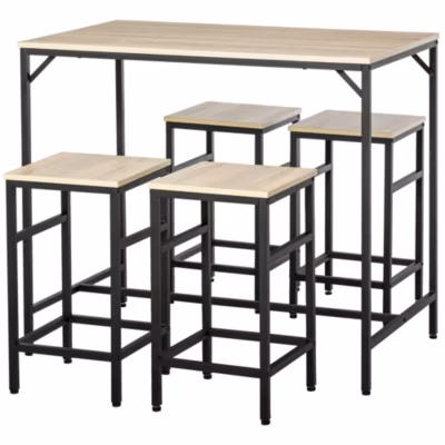 Ensemble table de bar design industriel + 4 tabourets repose-pieds panneaux particules imitation chêne clair métal noir