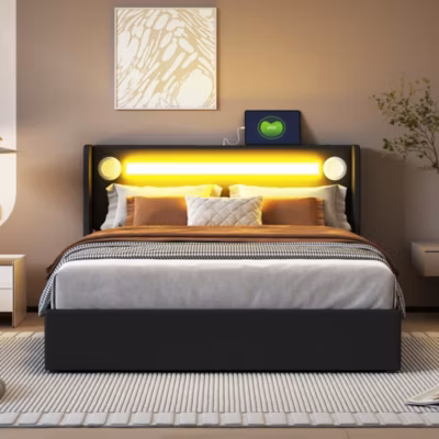 Lit rembourré 140 sur 200 avec éclairage LED lecteur Bluetooth port USB rangement en cuir PU sommier inclus noir élégant