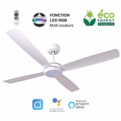 Fanelite – Ventilateur de plafond 132 cm blanc QAMEA – Moteur DC 30W – LED 20W dimmable 3 couleurs + RGB – Wifi – Silencieux