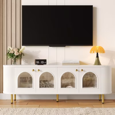 Meuble télé Noir/Blanc Meuble de Rangement avec 4 Portes en Verre, Buffet Salon avec poignées et Pieds dorés,Blanc