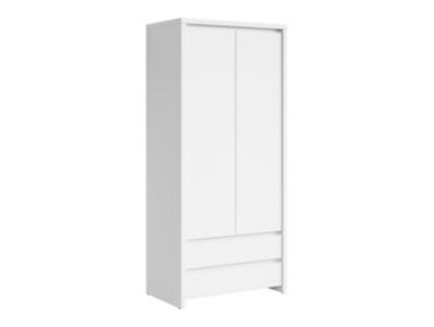 Armoire placard de rangement à deux portes avec 2 tiroirs, coloris Blanc/Blanc Mat – L. 90 x H. 200,5 x P. 55,5 cm
