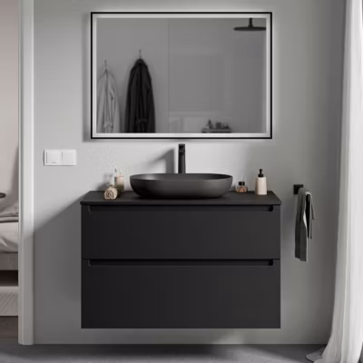 Meuble sous vasque suspendu MDF Noir mat, plan vasque Noir mat, tiroirs pivotants – 100x46x62cm – VIREO