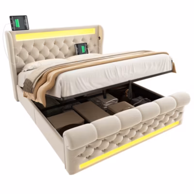 Canapé-lit 160×200 cm convertible avec rangement hydraulique, éclairage LED intégré et station USB/Type-C en velours beige