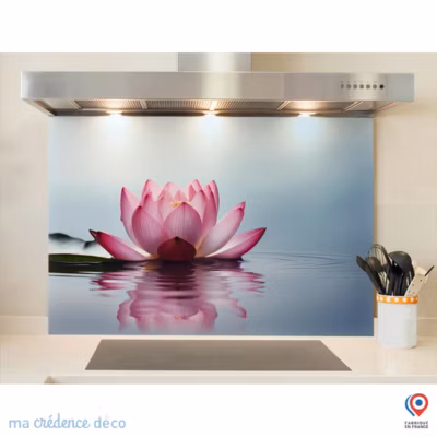 Crédence cuisine fond de hotte Lotus zen 1 – Verre trempé – L 90 cm x H 70 cm – MaCrédenceDéco