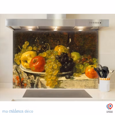 Crédence cuisine fond de hotte francis Miel, Raisins et pommes – Verre trempé – L 90 cm x H 60 cm – MaCrédenceDéco