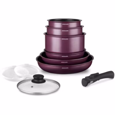 Batterie de cuisine – Tous feux dont induction – ARTHUR MARTIN – AM2991 – Aluminium revetement anti-adhésif – 10 pieces – Prune
