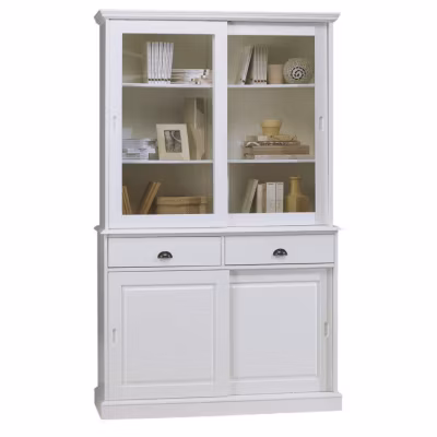 Vaisselier Blanc 4 Portes Coulissantes 2 Tiroirs 5 Niches L 121 H 198.8 P 42.3 cm – L 121 x l 42.3 x H 198.8 cm