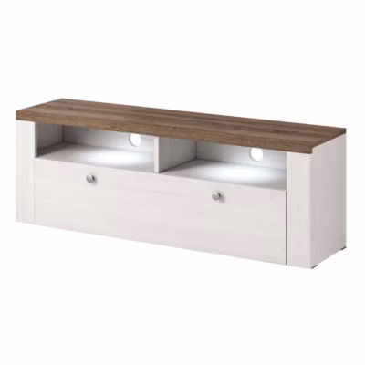 Meuble TV 140cm collection SANTIAGO. Couleur blanc effet bois et chene. 1 Porte