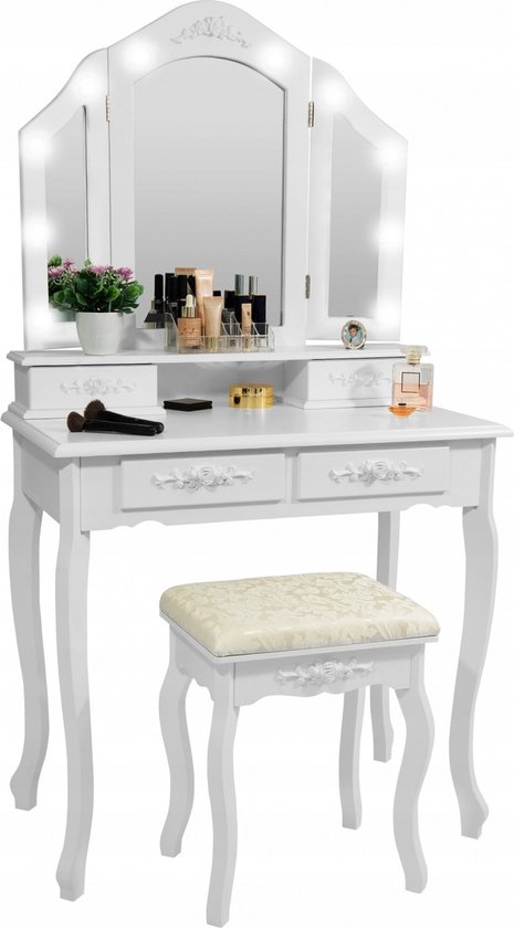 Coiffeuse en bois blanc avec miroir et tabouret éclairés par LED- 75x40x140 cm – Style Rétro & Vintage