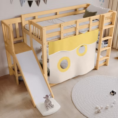 Lit superposé 90×200 cm avec toboggan et escalier intégrés, structure pin et MDF, design naturel pour chambre enfant