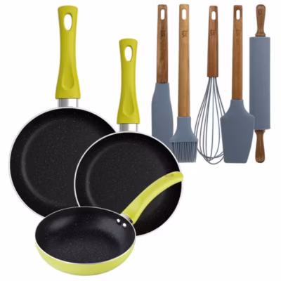 Ensemble de 3 poeles a frire San Ignacio Molen 20-24-28cm avec ustensiles de cuisine