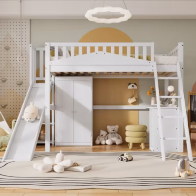 Lit superposé 90×200 cm avec table, armoire, sécurité, échelle 4 marches, cadre bois