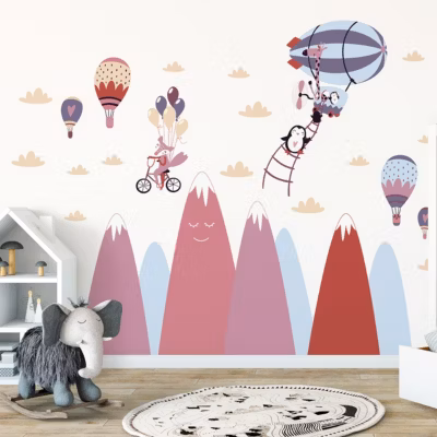 Stickers montagnes scandinaves animaux libres dans l&rsquo;air 80 x 120 cm