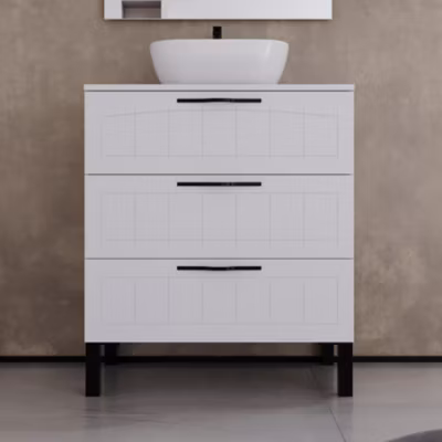 Meuble de salle de bain 60cm avec plateau et vasque à poser ovale – 3 tiroirs – sans miroir – blanc – CALA