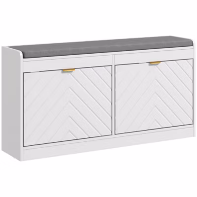 Banc à chaussures design 2 portes motif chevrons 2 étagères dim. 106 x 24 x 52cm coussin gris blanc