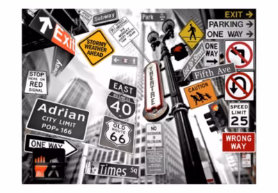 Papier peint intissé panoramique street art panneaux de signalisation à new york (fond noir et blanc) 250×193 cm