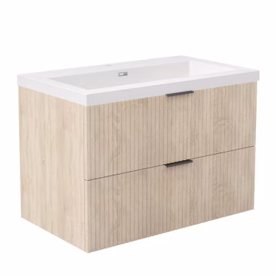 Meuble de salle de bain mural 80 cm Chêne – 2 tiroirs, lavabo (jointless & résistant), AICA Sanitaire