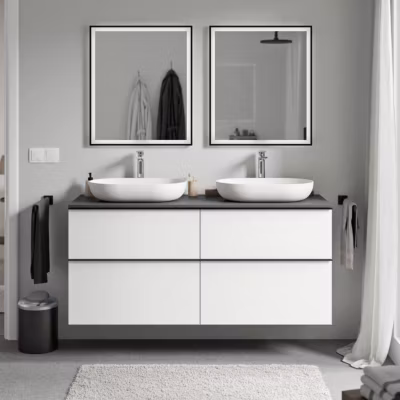 Meuble sous vasque suspendu MDF Blanc mat, plan vasque & poignée Anthracite mat – 140x46x62cm – LAVOA