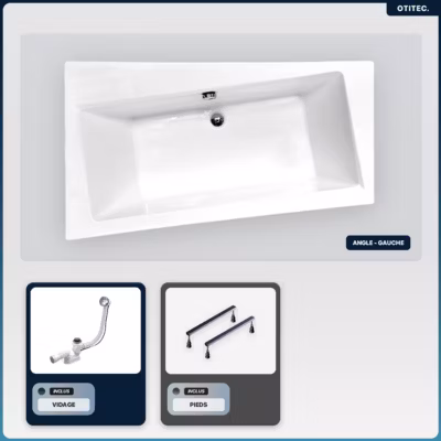 Baignoire asymétrique – 160 x 100 cm – Gauche – sans Habillage – avec Pieds – Vidage Chrome – INFINITY