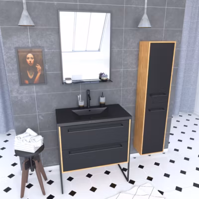 Meuble de salle de bain 80x50cm – vasque noir effet pierre -tiroirs noir mat + colonne + mirroir