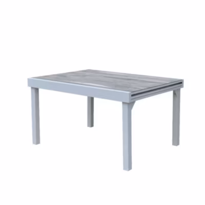 Table Modulo 6/10 personnes structure aluminium blanche, plateau en verre décors bois