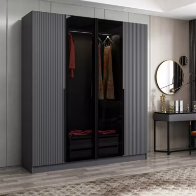Armoire penderie grise 2 portes rainurées 2 vitrées BYRON