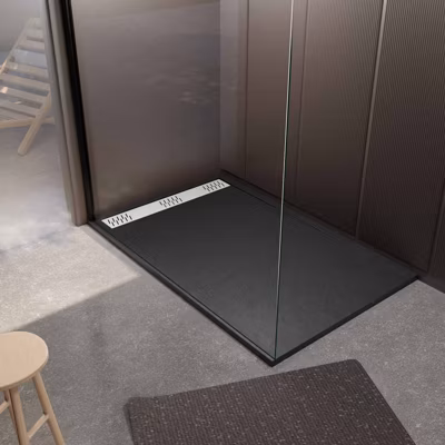 Receveur de douche en résine noir 80x120x3 cm effet pierre granit + grille linéaire blanche mate