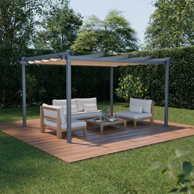Pergola aluminium – Isla 3x4m –  Toile beige – Tonnelle idéale pour votre terrasse. toit rétractable. toile coulissante. structure