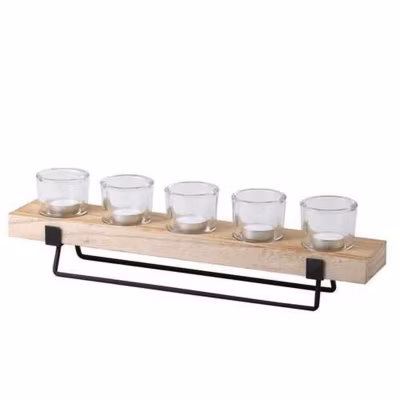 Bougeoir 5 bougies en bois et métal sur pied