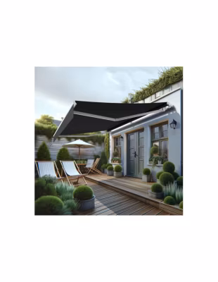 Store banne monobloc MEILE 4,80 x 3,50m (Motorisé à interrupteur + manœuvre de secours – Gris foncé – Blanc)
