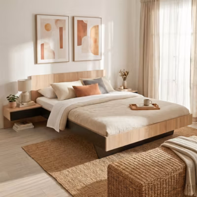 Lit COOL 140×190 cm + 2 chevets + sommier + matelas CASSIE / Décor Chêne blanchi & noir