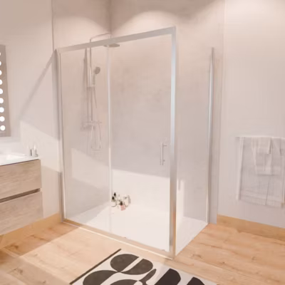 Paroi de douche d&rsquo;angle avec porte coulissante + retour fixe NERINA – 140×90 cm