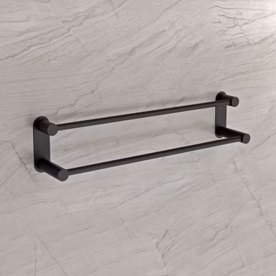 Porte-serviette mural 2 barres rond Noir mat 64x11cm (LxP) design acier inox – Série OLA