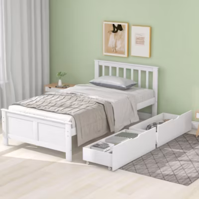 Lit Simple 90×200 cm Bois – Lit Ado ou Adulte avec Rangement Intégré sous le Sommier – Sans Matelas – Bois de Pin + MDF – Blanc