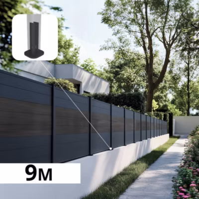 Kit Clôture Aluminium BAHIA & CRUZ Ardoise 9,20×1,2m – Bois Composite & Aluminium – Poteaux Gris – Brise Vue – Palissade