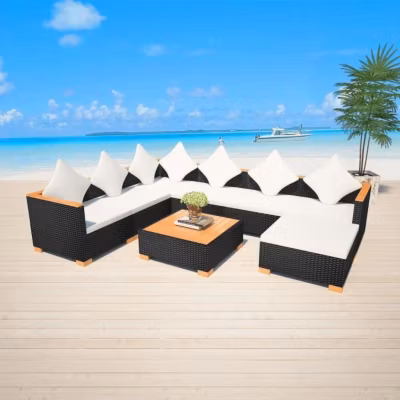 vidaXL Salon de jardin 8 pcs avec coussins Résine tressée Noir