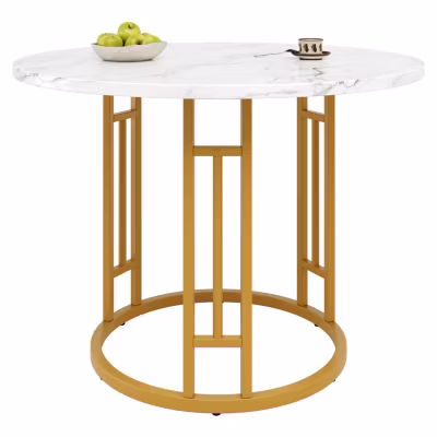 Table basse 80x80x76 cm avec plateau imitation marbre en MDF et structure métal dorée, contemporain