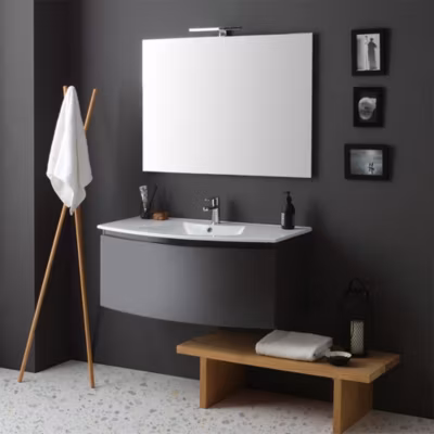 Meuble De Salle De Bains Suspendu Courbé En Ardoise Grise Avec Lavabo En Céramique Et Miroir Led – Riva