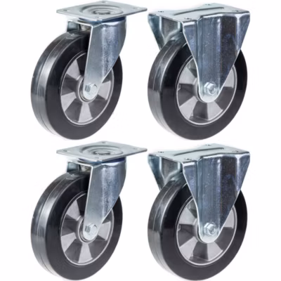 Roulettes pivotantes et fixes en caoutchouc noir de 152 mm (6 pouces), très résistantes, capacité de charge de 1 320 kg, lot de 4