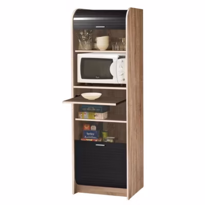 Meuble de Cuisine Micro-onde Chêne et Noir 6 Niches L 58,2 H 180,7 P 47 cm – L 58.2 x l 47 x H 180.7 cm