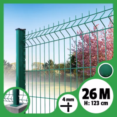 Kit grillage rigide poteaux H – longueur 26 mètres – 123 cm, Vert, A visser sur platines